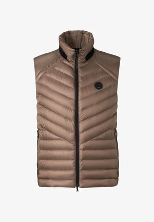 Leichte, braune Steppweste mit Chevron-Steppung, hohem Kragen, Frontreißverschluss und zwei seitlichen Reißverschlusstaschen.