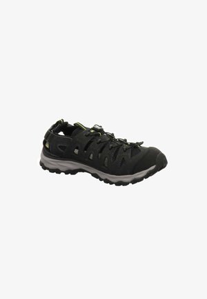 Black outdoor shoe with a mesh upper, reinforced toe cap, reflective accents, and a sturdy rubber sole. Features elastic laces for easy fitting.