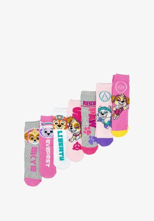 Seven pairs of children's socks in grey and pink, featuring cartoon dog characters and text. Materials: cotton blend, soft texture.