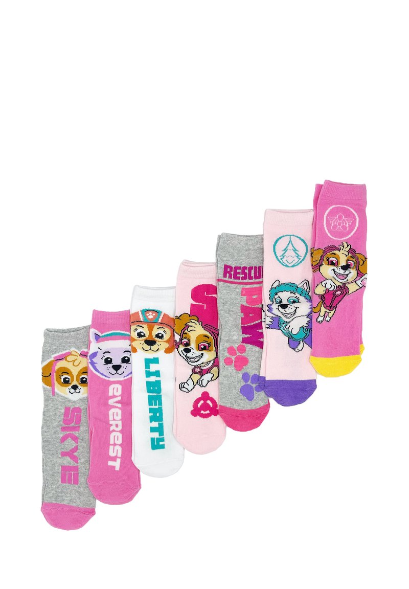 Siete pares de calcetines infantiles en gris y rosa, con personajes de perros de dibujos animados y texto. Materiales: mezcla de algodón, textura suave.