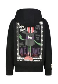 Black hoodie featuring a colorful circus-themed graphic on the back, with a character wearing a top hat and striped legs, and text details.