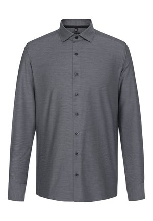 Chemise à manches longues grise, à boutons, avec un tissu texturé, petit col et six boutons à l'avant. Comprend un ourlet droit et des poignets à boutons.