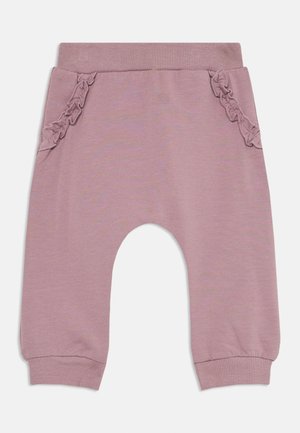 Rosa Babypants mit elastischem Bund und Bündchen, mit Rüschendetails in der Nähe der Taschen auf beiden Seiten.