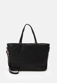Bolso tote de imitación cuero negro con asas dobles, correa de hombro desmontable y herrajes en tono dorado. Presenta una forma rectangular estilizada.