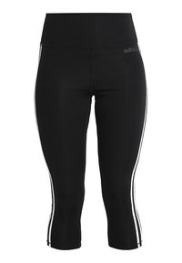 Černé capri legíny vyrobené z elastického materiálu, se širokými bočními pruhy a širokým pasem s embosovaným detailem loga.