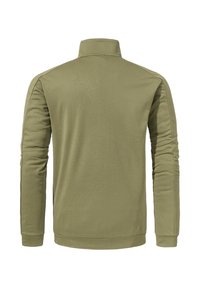 Olivgrüne, leichte Zip-Jacke mit hohem Kragen, langen Ärmeln und glatter Textur. Verfügt über dezente Nahtdetails.