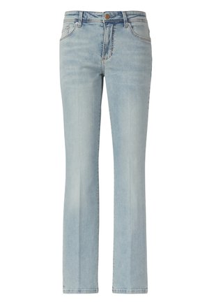 Jasnoniebieskie dżinsy o prostym kroju nogawki, z klasycznym pięciopocketowym układem i subtelnym przetarciem na całej powierzchni materiału.