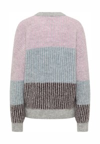 Maglione lavorato a maglia con scollo rotondo, caratterizzato da righe verticali in rosa, azzurro chiaro, marrone scuro e grigio; texture morbida e design a coste.
