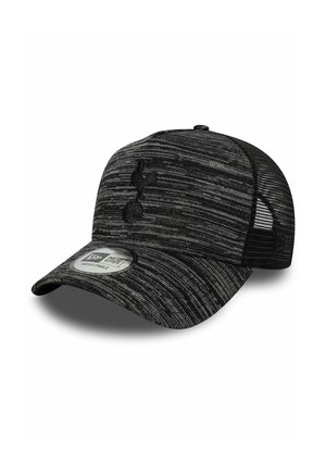 Black and gray textured baseball cap with mesh back, adjustable strap, and embossed emblem on the front panel.