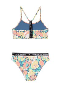 Conjunto de bikini floral con un top de malla azul y parte inferior a juego. Presenta tirantes finos, un patrón floral multicolor y una banda elástica con marca.