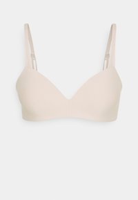 Lys beige, myk stoff-bh med trekantet form, justerbare stropper og sømløs design. Ingen synlig maskinvare eller dekorasjoner.