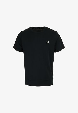 Schwarzes Baumwoll-T-Shirt mit kurzen Ärmeln und rundem Ausschnitt, mit einem kleinen weißen Logo auf der linken Brustseite. Glatte Textur.