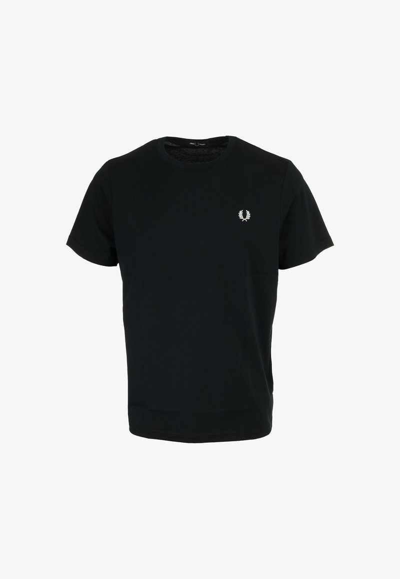 Zwarte katoenen t-shirt met korte mouwen en een ronde hals, met een klein wit logo op de linkerborst. Gladde textuur.