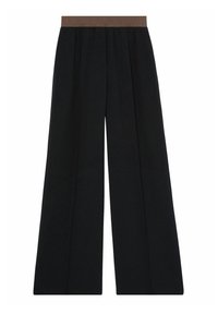 Pantaloni neri a gamba larga con una vita elastica marrone. Presentano plissettature verticali per un tocco di texture e una finitura liscia.