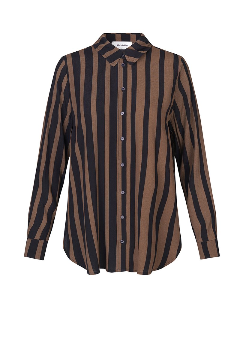 Langarmshirt met verticale marineblauwe en bruine strepen, een knopsluiting aan de voorkant en een klassieke kraag. Gemaakt van een lichtgewicht stof.