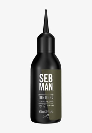 Flacon de gel SEB MAN The Hero noir, réutilisable, avec embout applicateur étroit et étiquette de 75 ml, conçu pour le coiffage.