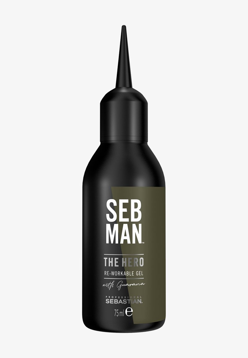 Black SEB MAN The Hero re-workable gel bottle with narrow applicator tip and 75ml label, designed for hair styling.