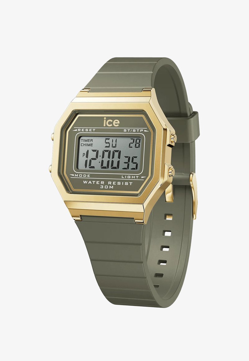 Digitale Uhr mit einem goldfarbenen achteckigen Gehäuse, grünem Harzarmband und LCD-Display, das Uhrzeit, Datum und eine Wasserdichtigkeit von bis zu 30 Metern anzeigt.