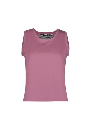 Ærmeløs, støvet rosa atletik tanktop med rund halsudskæring og sort mesh-detalje inde i kraven.