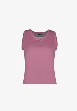 Canotta sportiva senza maniche di colore rosa malva con scollo tondo e dettaglio in rete nera all'interno del colletto.