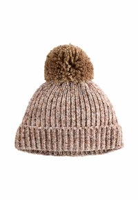 Strickmütze in Blush und Beige mit einem strukturierten Rippdesign, ausgestattet mit einem flauschigen Bommel oben und einem umgeschlagenen Saum.