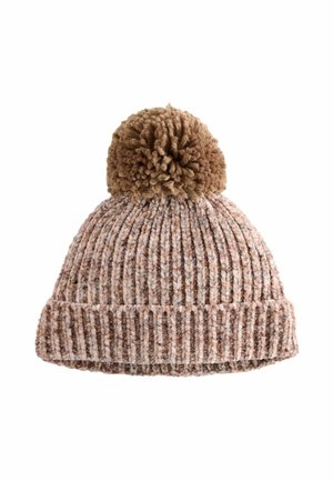 Strickmütze in Blush und Beige mit einem strukturierten Rippdesign, ausgestattet mit einem flauschigen Bommel oben und einem umgeschlagenen Saum.