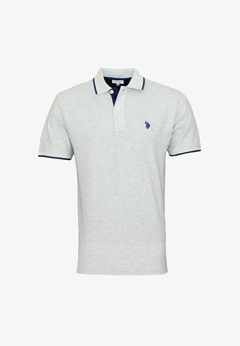 Light gray polo shirt made of cotton blend, featuring a navy collar and hem accents, three-button placket, and small logo on the chest.