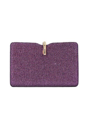 Fialové obdélníkové psaníčko pokryté malými kamínky s uzávěrem ve zlaté barvě uprostřed nahoře.