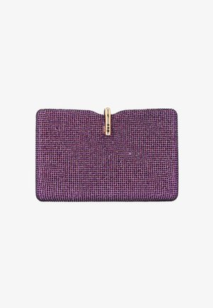 Lila rechteckige Clutch, bedeckt mit kleinen Strasssteinen, mit einem goldfarbenen Verschluss oben in der Mitte.