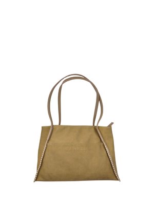 Borsa rettangolare color cuoio con due sottili spalline e dettagli cuciti sottili su uno sfondo bianco semplice.