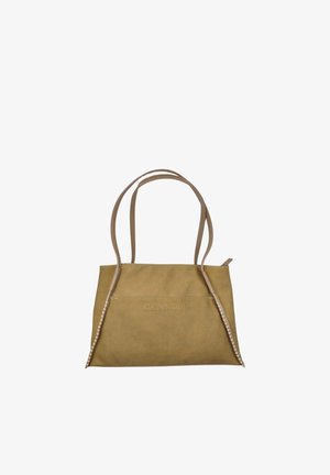 Borsa rettangolare color cuoio con due sottili spalline e dettagli cuciti sottili su uno sfondo bianco semplice.