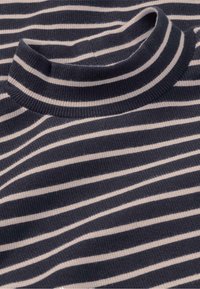 Gestreifter gerippter Rollkragenpullover in Marineblau und Creme, mit einem eng anliegenden Kragen und weichem Material. Horizontal gleichmäßig verteilte Streifen.