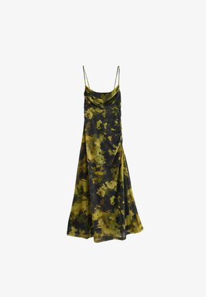 Cowl-neck, sleeveless dress with a flowing silhouette. Fabric features a camouflage pattern in green and black tones. Smooth texture.