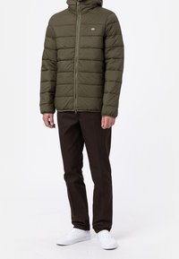 Kurtka puchowa w oliwkowozielonym kolorze z zamkiem błyskawicznym, pikowanym wzorem i kapturem. Połączona z brązowymi spodniami i białymi trampkami.