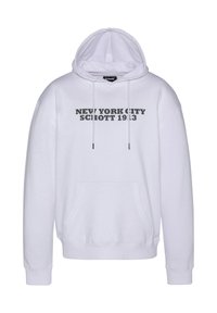 Felpa bianca con cappuccio, dotata di tasca a marsupio frontale. Testo grigio recita "NEW YORK CITY SCHOTT 1913" sul petto. Il tessuto sembra morbido.