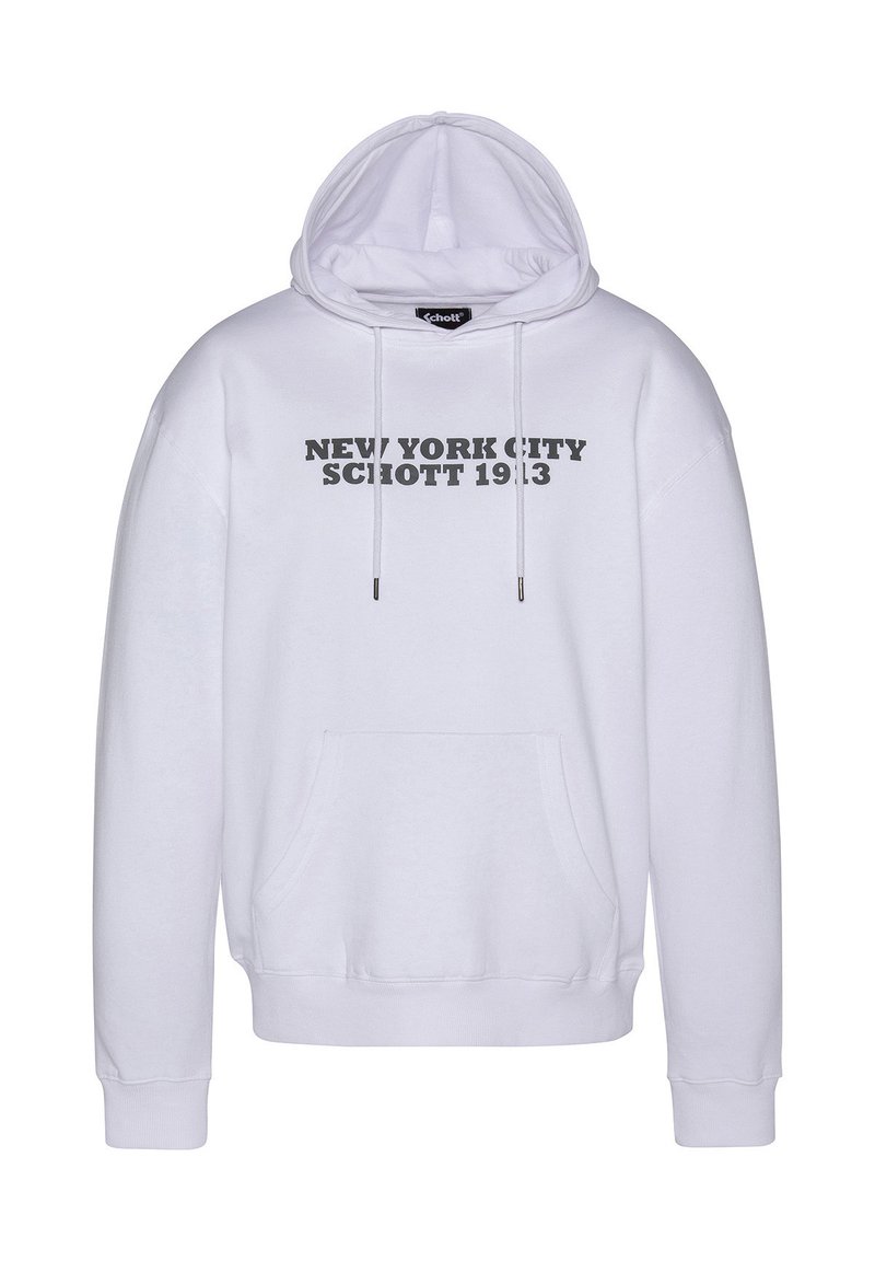 Felpa bianca con cappuccio, dotata di tasca a marsupio frontale. Testo grigio recita "NEW YORK CITY SCHOTT 1913" sul petto. Il tessuto sembra morbido.