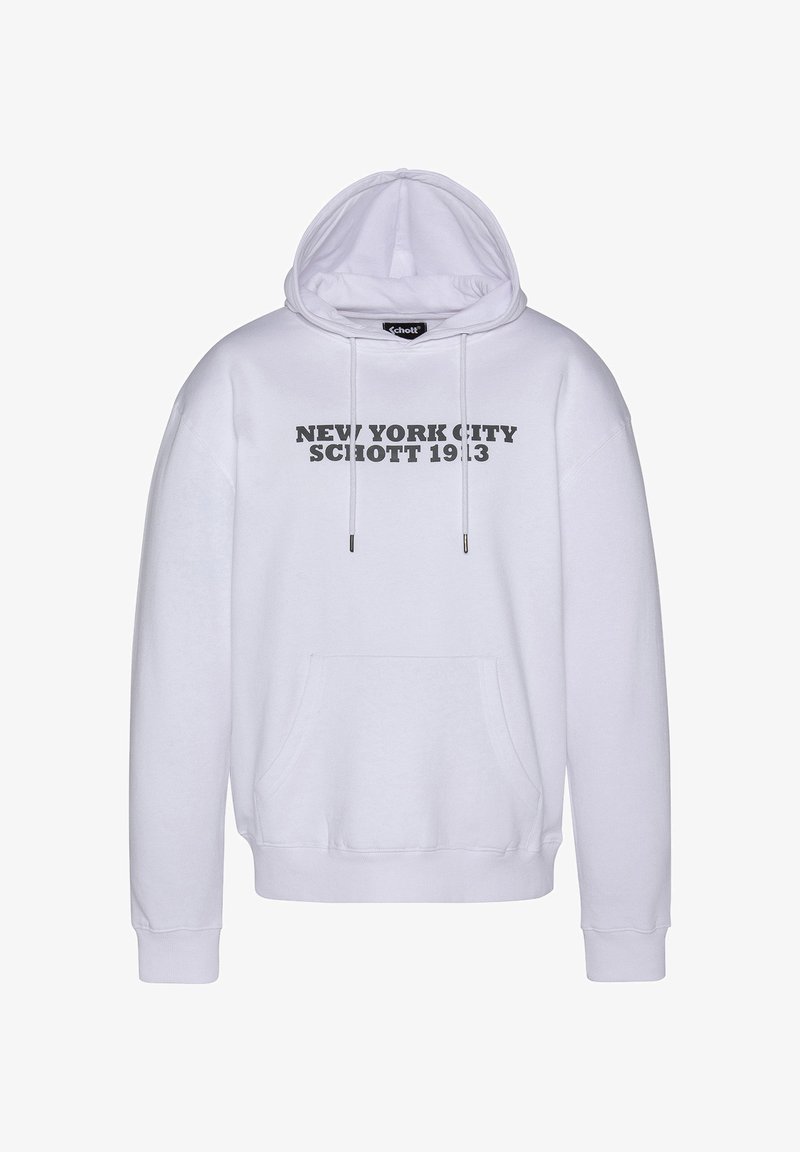 Felpa bianca con cappuccio, dotata di tasca a marsupio frontale. Testo grigio recita "NEW YORK CITY SCHOTT 1913" sul petto. Il tessuto sembra morbido.