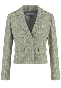 Green and grey textured blazer with a notched collar, two front pockets, and two button closure. Lined interior. Tailored fit.