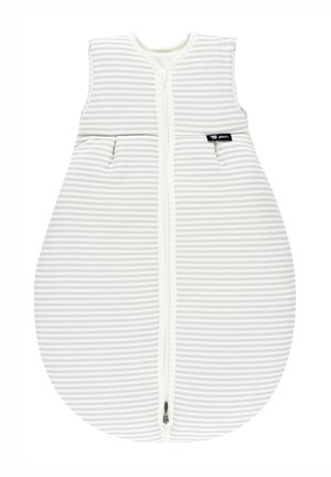Schlafsack in Hellgrau mit weißen horizontalen Streifen. Verfügt über einen Frontreißverschluss, ärmelloses Design und Seitentaschen. Weicher Stoff.