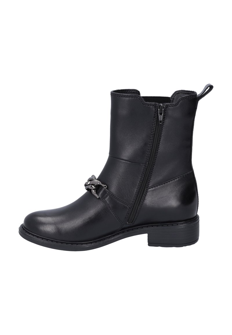 Black leather ankle boot with a low heel, side zip closure, and a decorative silver buckle accent on the front. Smooth texture and streamlined design.