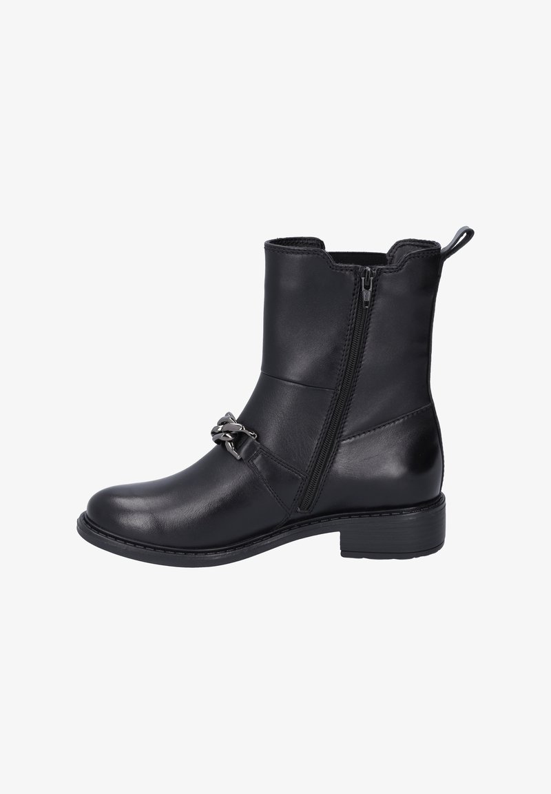 Black leather ankle boot with a low heel, side zip closure, and a decorative silver buckle accent on the front. Smooth texture and streamlined design.