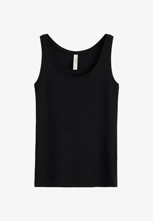 Czarny top na ramiączkach wykonany z miękkiej bawełny, z okrągłym dekoltem i szerokimi ramiączkami. Prosty, bezszwowy design z prostym dołem.