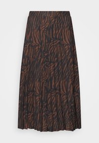Gonna plissettata marrone e nera con un design a stampa animale testurizzato. Di lunghezza media con una vita elastica per comfort e vestibilità.