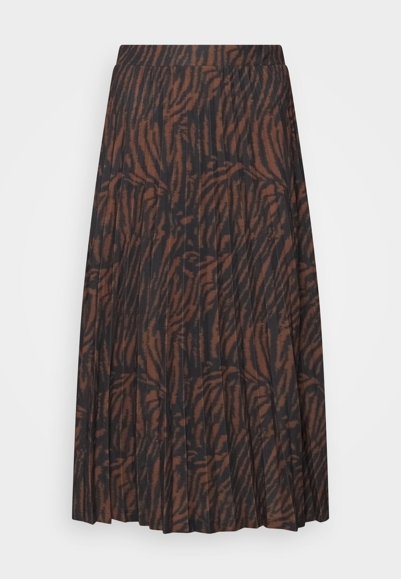 Gonna plissettata marrone e nera con un design a stampa animale testurizzato. Di lunghezza media con una vita elastica per comfort e vestibilità.