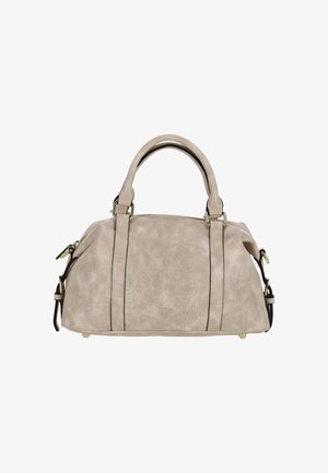 Beige Handtasche aus strukturiertem Kunstleder mit zwei kurzen Griffen, einer strukturierten Form und schwarzem Besatz entlang der Nähte.
