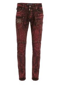 Rode denim jeans met een vervaagde, gestructureerde afwerking. Voorzien van meerdere zakken, decoratieve stiksels en unieke geborduurde accenten.