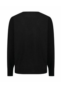 Maglione nero con maniche lunghe, scollo rotondo e orlo a coste. Tessuto liscio e design minimalista senza loghi o motivi visibili.