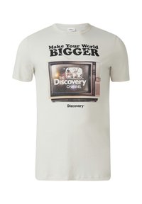 Witte katoenen T-shirt met een afbeelding van een vintage televisie en de tekst "Maak je wereld GROTER" en "The Discovery Channel."