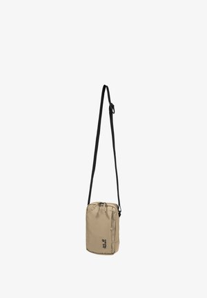 Borsa a tracolla compatta beige con tracolla regolabile nera e tasca frontale con zip, con logo Jack Wolfskin nell'angolo inferiore anteriore.