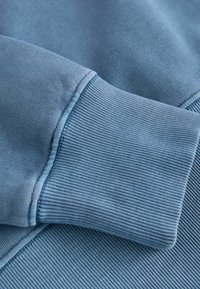 Sudadera azul con una textura suave, puños acanalados y detalles de costura, que presenta un color sólido y un diseño casual.